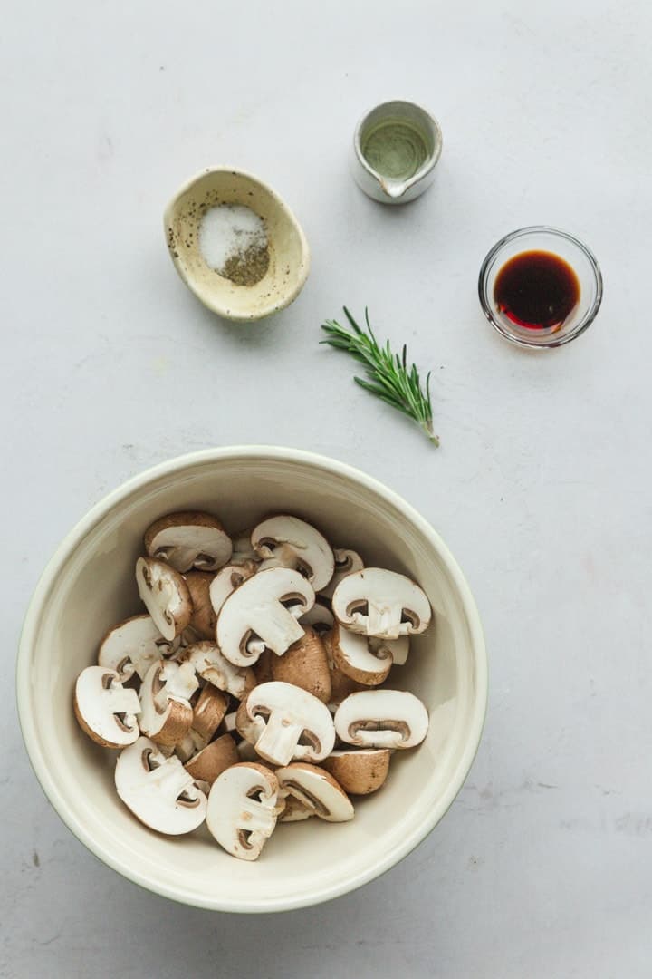 Ingredients needed to make air fried mushrooms.